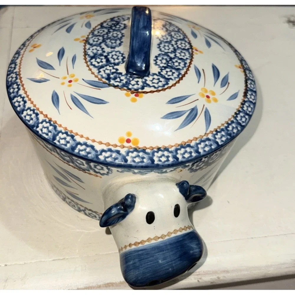 Temptations Ovenware Old World Blue Cow 2.5 qt Casserole & (4) 16 oz Ramekin Set